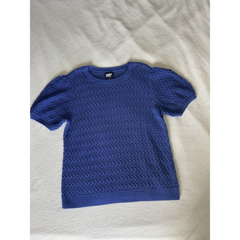 Lands End Women's Cotton Cable Puff Sleeve Crew Neck Sweater Short Sleeve Sz M - Picture 3 of 7